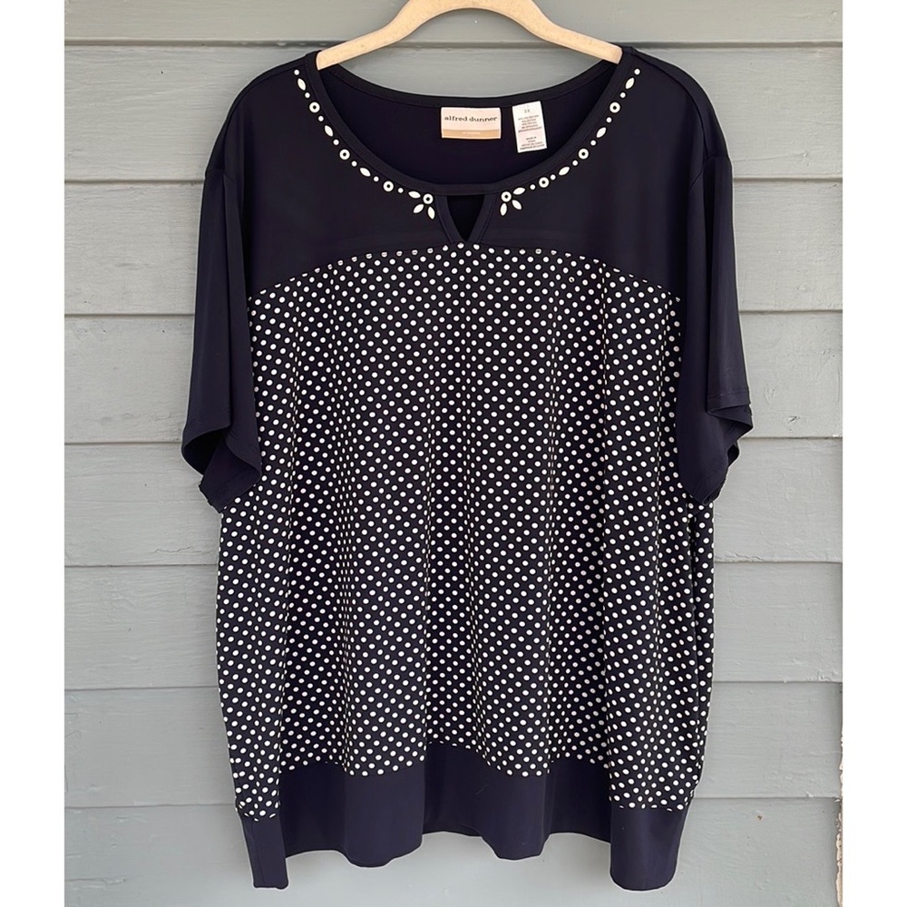 Navy Blue Polka Dot Keyhole Cutout Blouse